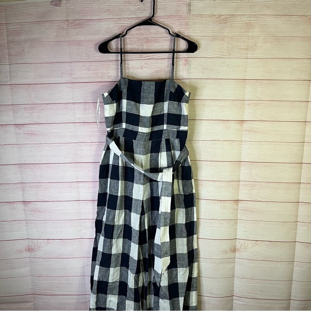 J. Crew‎ Navy Blue 100% Linen Gingham Tie-Waist Wide Leg  Jumpsuit Size 10